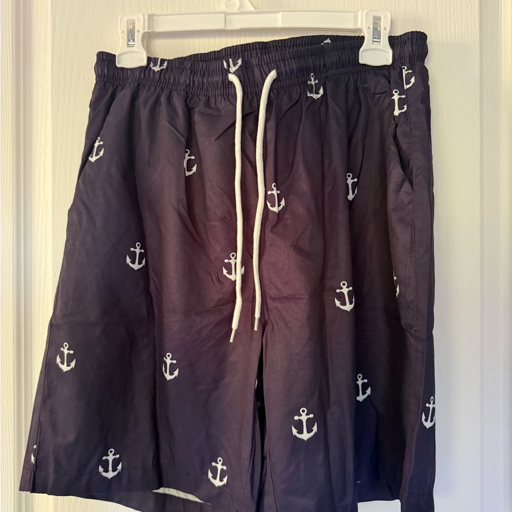 Nautical Anchor Print Swim Shorts - Black